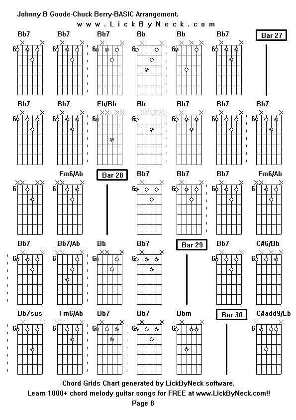 Chord Grids Chart of chord melody fingerstyle guitar song-Johnny B Goode-Chuck Berry-BASIC Arrangement,generated by LickByNeck software.